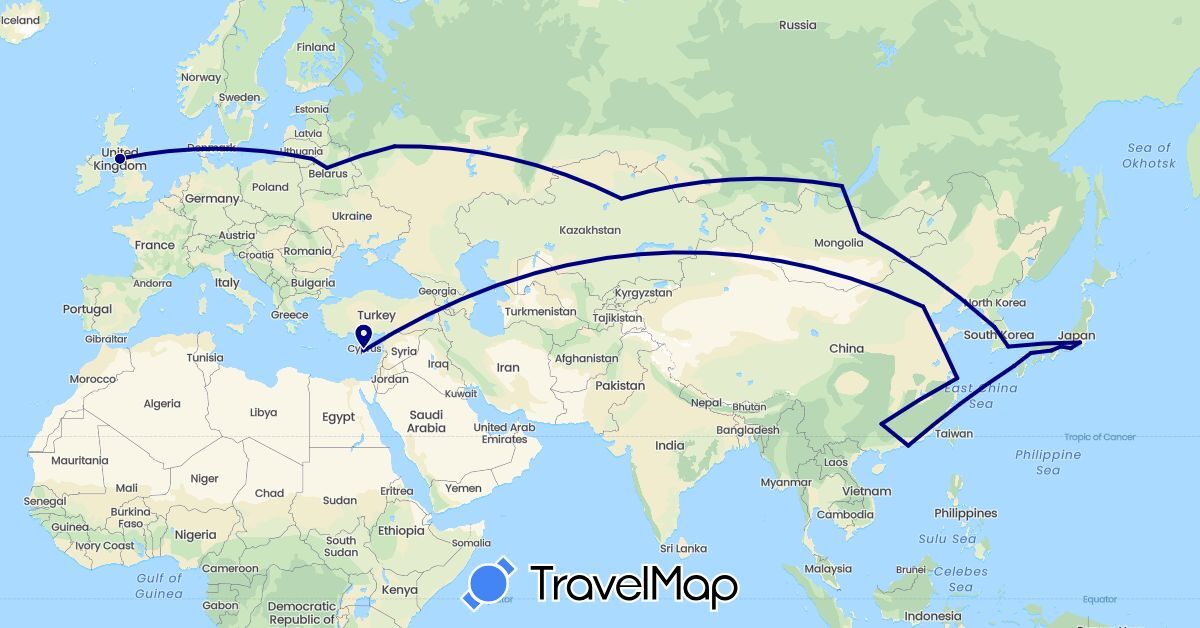 TravelMap itinerary: driving in Belarus, China, Cyprus, United Kingdom, Japan, South Korea, Kazakhstan, Lithuania, Mongolia, Russia (Asia, Europe)